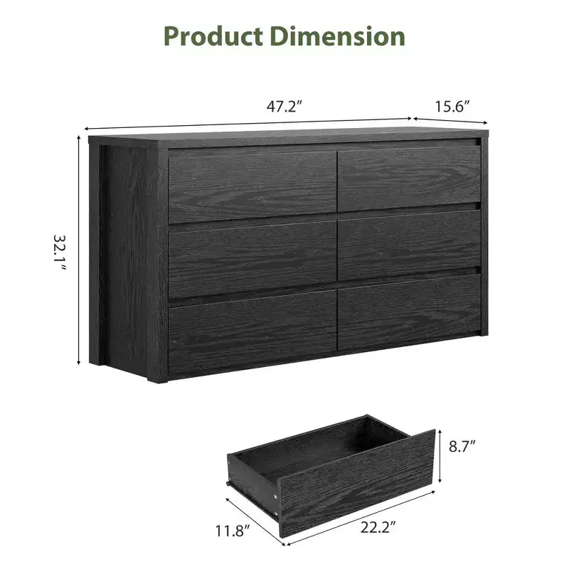 Commode à 6 tiroirs pour chambre à coucher, commode large en bois sans poignée, grande commode de rangement moderne pour salon, couloir, entrée
