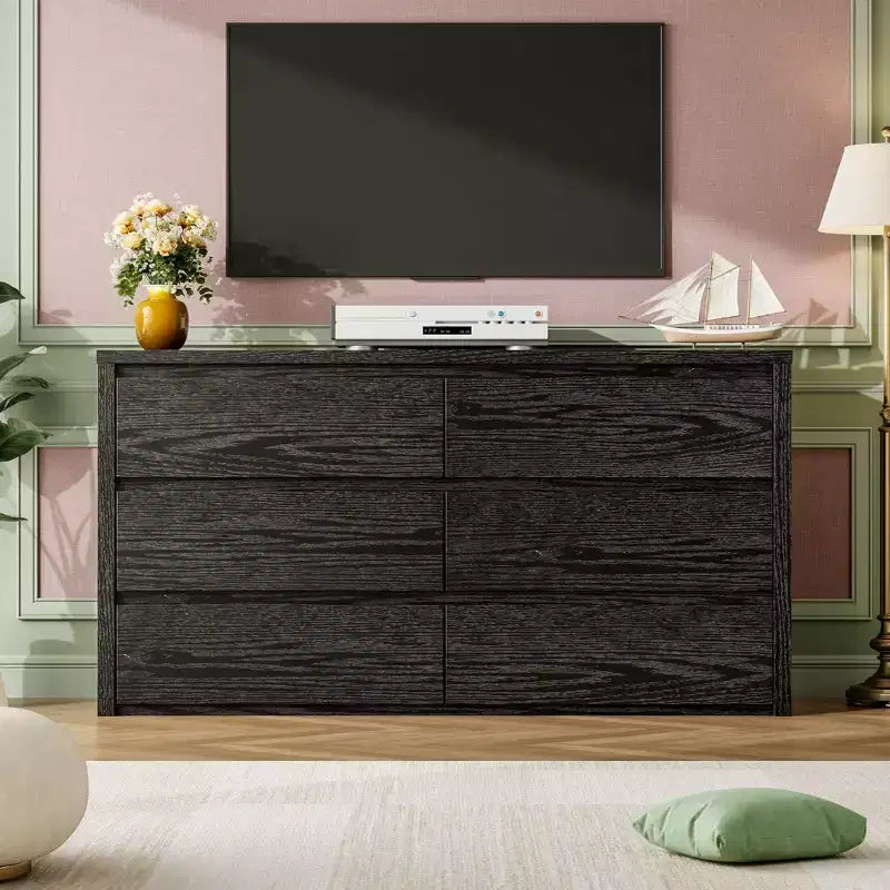 Commode à 6 tiroirs pour chambre à coucher, commode large en bois sans poignée, grande commode de rangement moderne pour salon, couloir, entrée