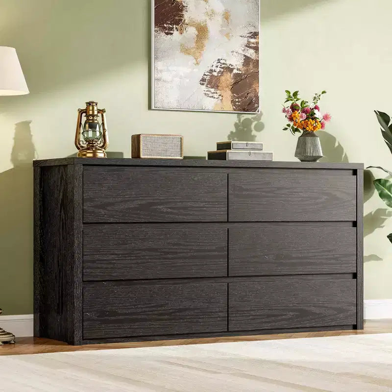 Commode à 6 tiroirs pour chambre à coucher, commode large en bois sans poignée, grande commode de rangement moderne pour salon, couloir, entrée