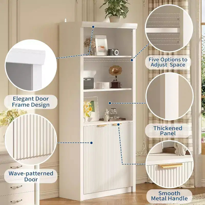 Bibliothèque à 5 niveaux avec armoire de rangement et étagère réglable, étagères de style moderne du milieu du siècle pour le bureau à domicile, le salon