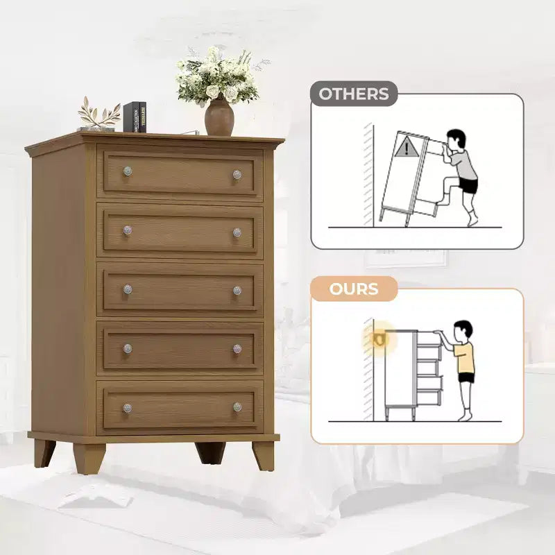 Commode 5 tiroirs de 122 cm de hauteur, commode en bois marron avec tiroirs profonds et poignées métalliques pour chambre à coucher ou salon