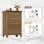 Commode 5 tiroirs de 122 cm de hauteur, commode en bois marron avec tiroirs profonds et poignées métalliques pour chambre à coucher ou salon