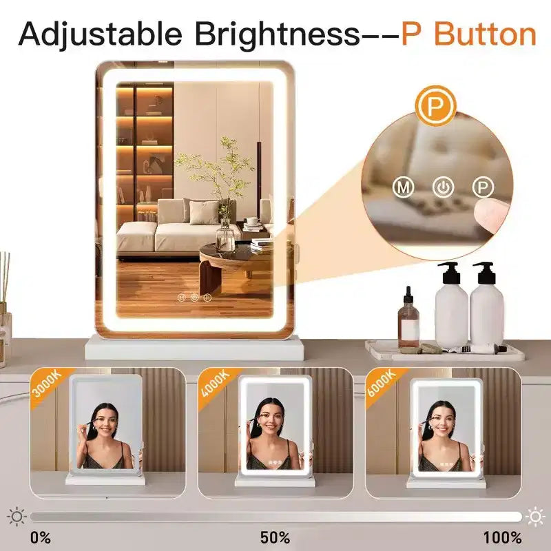 Miroir de Maquillage LED Lumineux, 3 Modes de Couleurs et Luminosité Réglables, Miroir de Coiffeuse Tactile avec Port USB