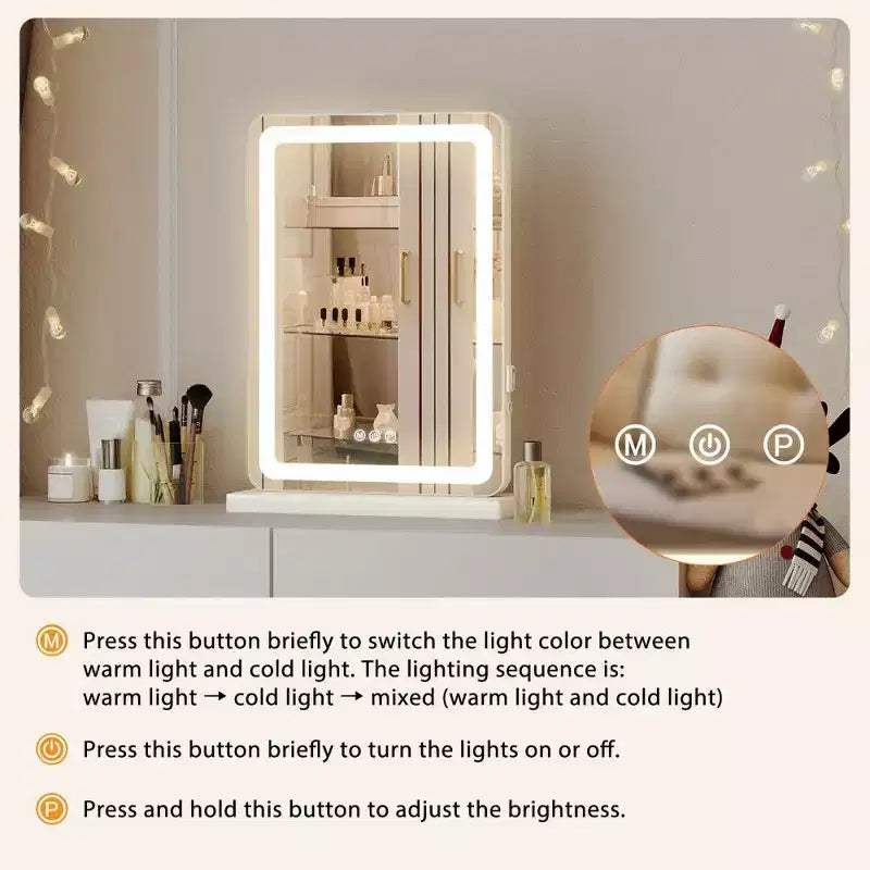 Miroir de Maquillage LED Lumineux, 3 Modes de Couleurs et Luminosité Réglables, Miroir de Coiffeuse Tactile avec Port USB