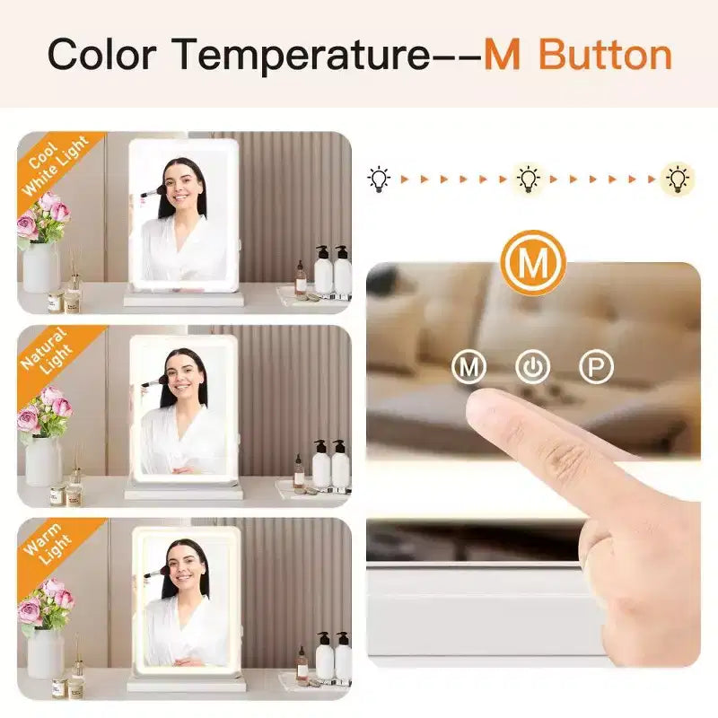 Miroir de Maquillage LED Lumineux, 3 Modes de Couleurs et Luminosité Réglables, Miroir de Coiffeuse Tactile avec Port USB