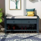 TUYOHW Solid Wood Shoe Storage Bench with 2 Drawers & Cushion,Multipurpose Entryway Organizer with Grid Rack Base,Antique Navy