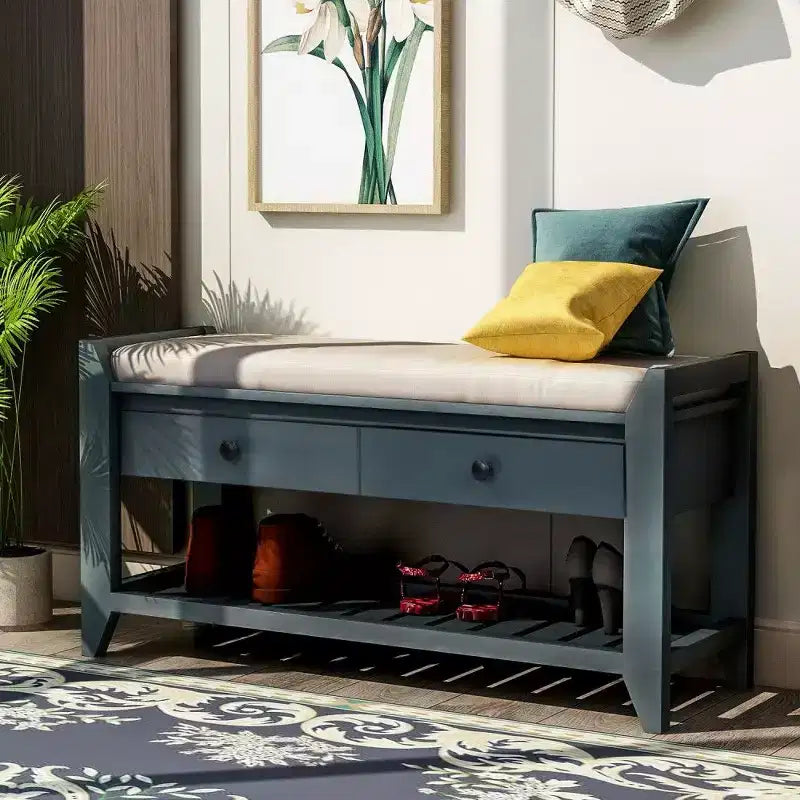 Banc de rangement pour chaussures en bois massif avec 2 tiroirs et coussin, Organisateur d'entrée polyvalent avec base en grille, Bleu marine antique
