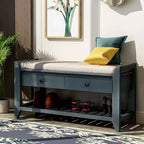Banc de rangement pour chaussures en bois massif avec 2 tiroirs et coussin, Organisateur d'entrée polyvalent avec base en grille, Bleu marine antique