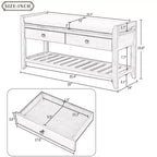 Banc de rangement pour chaussures en bois massif avec 2 tiroirs et coussin, Organisateur d'entrée polyvalent avec base en grille, Bleu marine antique