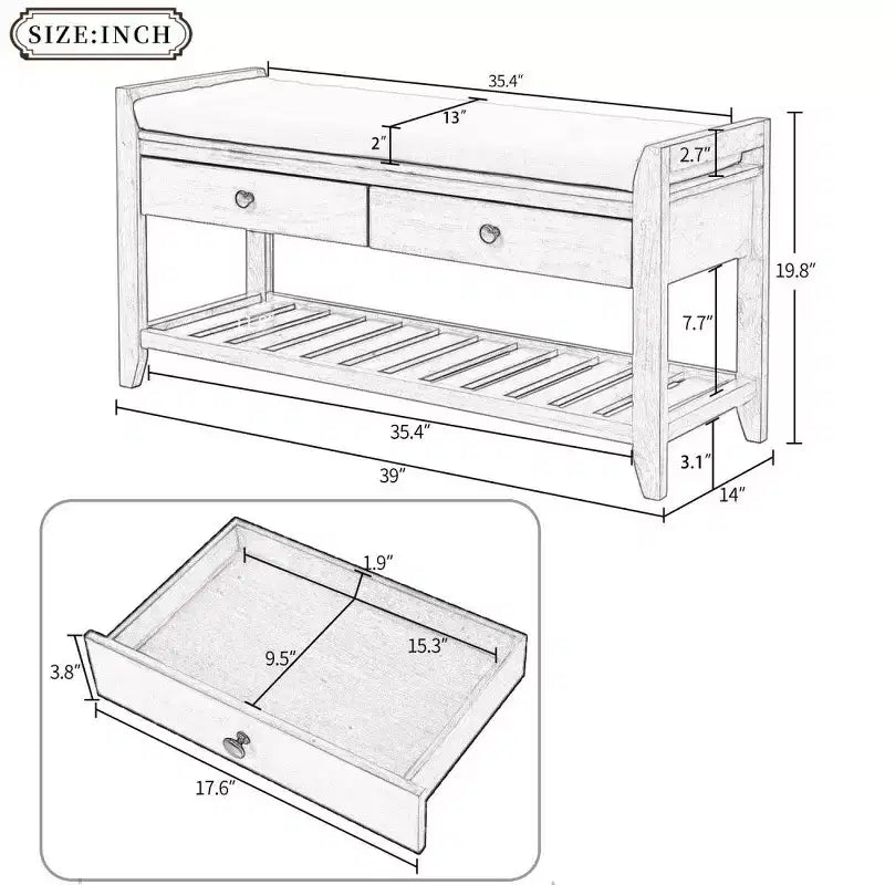 Banc de rangement pour chaussures en bois massif avec 2 tiroirs et coussin, Organisateur d'entrée polyvalent avec base en grille, Bleu marine antique