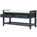 Banc de rangement pour chaussures en bois massif avec 2 tiroirs et coussin, Organisateur d'entrée polyvalent avec base en grille, Bleu marine antique