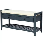 Banc de rangement pour chaussures en bois massif avec 2 tiroirs et coussin, Organisateur d'entrée polyvalent avec base en grille, Bleu marine antique