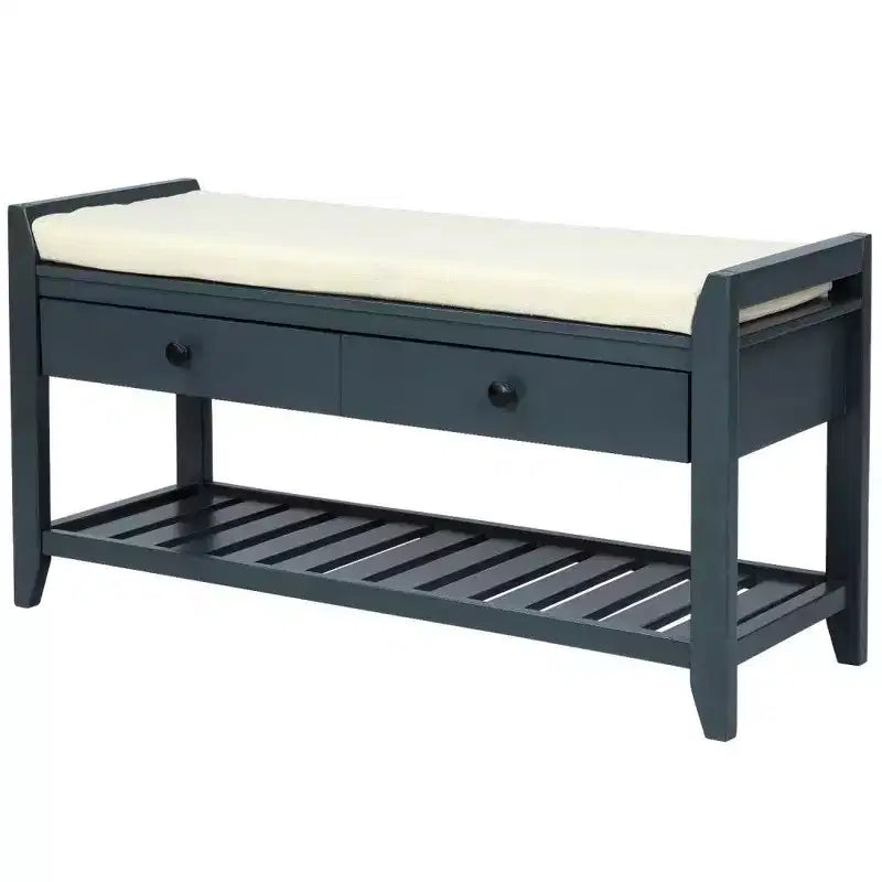 Banc de rangement pour chaussures en bois massif avec 2 tiroirs et coussin, Organisateur d'entrée polyvalent avec base en grille, Bleu marine antique