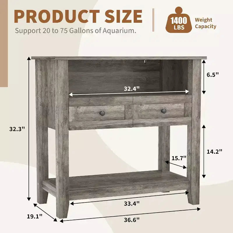 Meuble d'aquarium double couche de 37 pouces, support de 295 kg avec multiprise et tiroirs pour salon