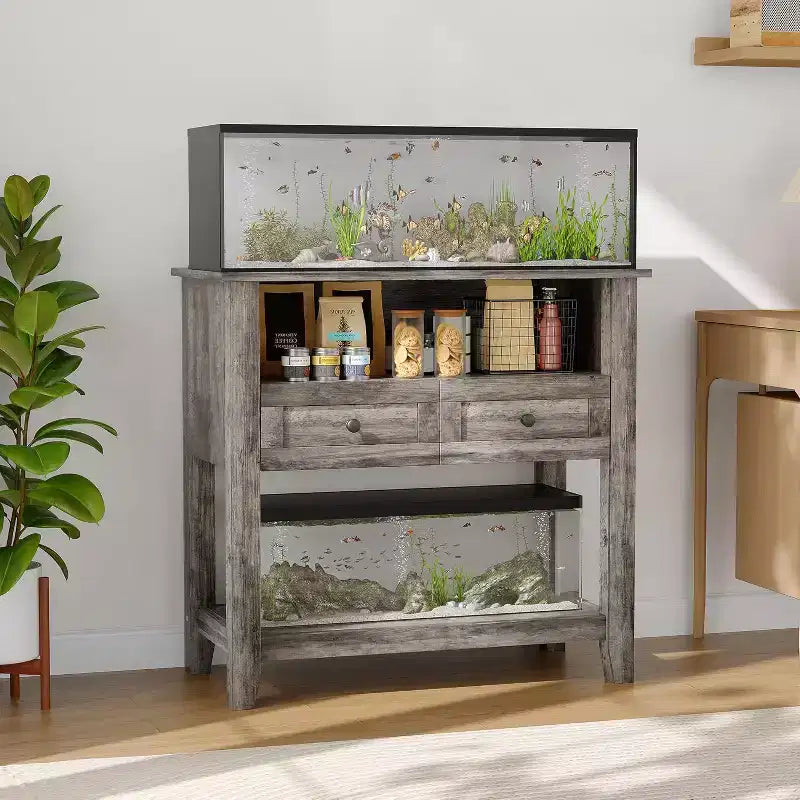 Meuble d'aquarium double couche de 37 pouces, support de 295 kg avec multiprise et tiroirs pour salon