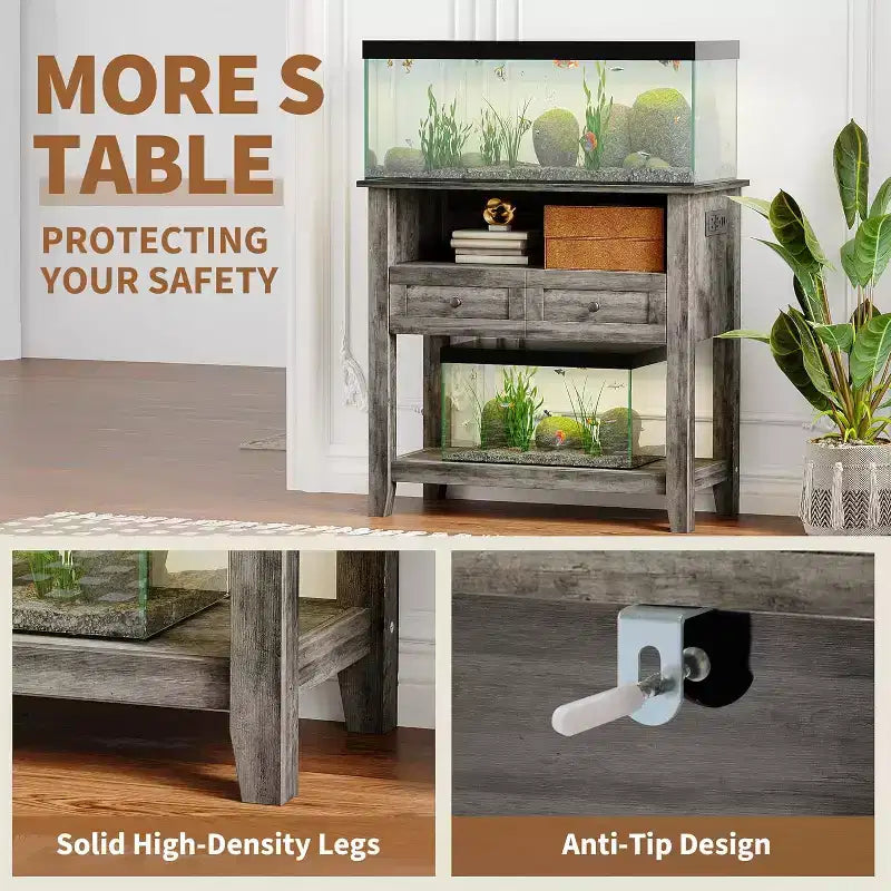 Meuble d'aquarium double couche de 37 pouces, support de 295 kg avec multiprise et tiroirs pour salon
