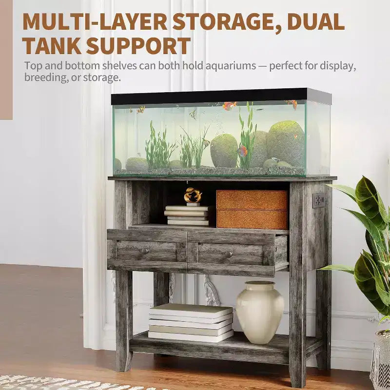 Meuble d'aquarium double couche de 37 pouces, support de 295 kg avec multiprise et tiroirs pour salon