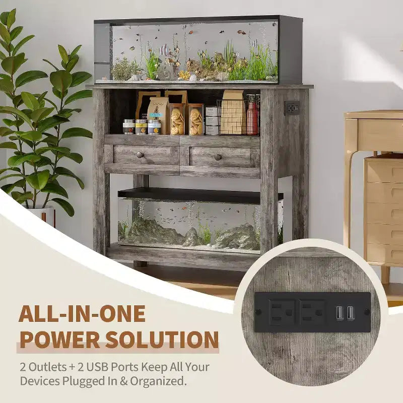 Meuble d'aquarium double couche de 37 pouces, support de 295 kg avec multiprise et tiroirs pour salon