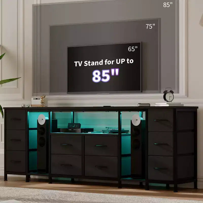 Commode à 10 tiroirs, Meuble TV avec tiroirs en tissu pour TV 75 70 65 pouces, Console TV, Meuble TV avec étagères de rangement ouvertes pour chambre à coucher