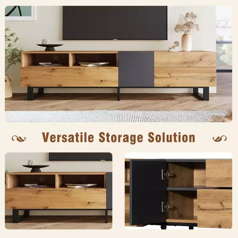 Meuble TV pour téléviseurs jusqu'à 80 pouces, meuble console TV moderne avec porte abattante, compartiments de rangement et 2 tiroirs