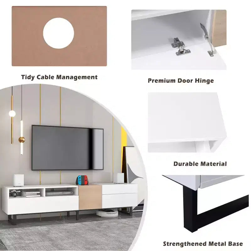 Meuble TV pour téléviseurs jusqu'à 80 pouces, meuble console TV moderne avec porte abattante, compartiments de rangement et 2 tiroirs