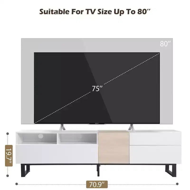 Meuble TV pour téléviseurs jusqu'à 80 pouces, meuble console TV moderne avec porte abattante, compartiments de rangement et 2 tiroirs