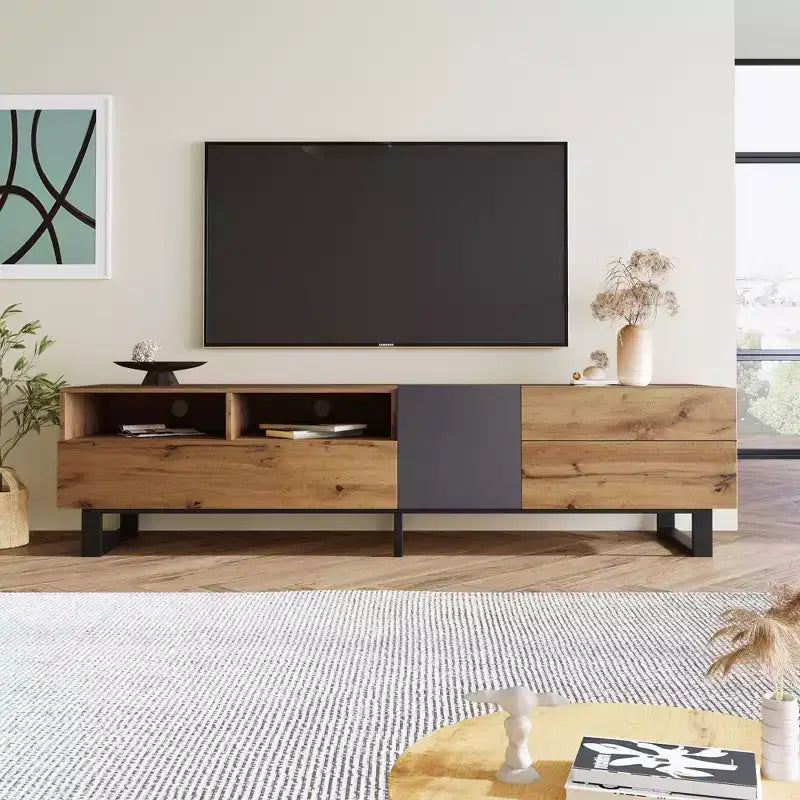 Meuble TV pour téléviseurs jusqu'à 80 pouces, meuble console TV moderne avec porte abattante, compartiments de rangement et 2 tiroirs