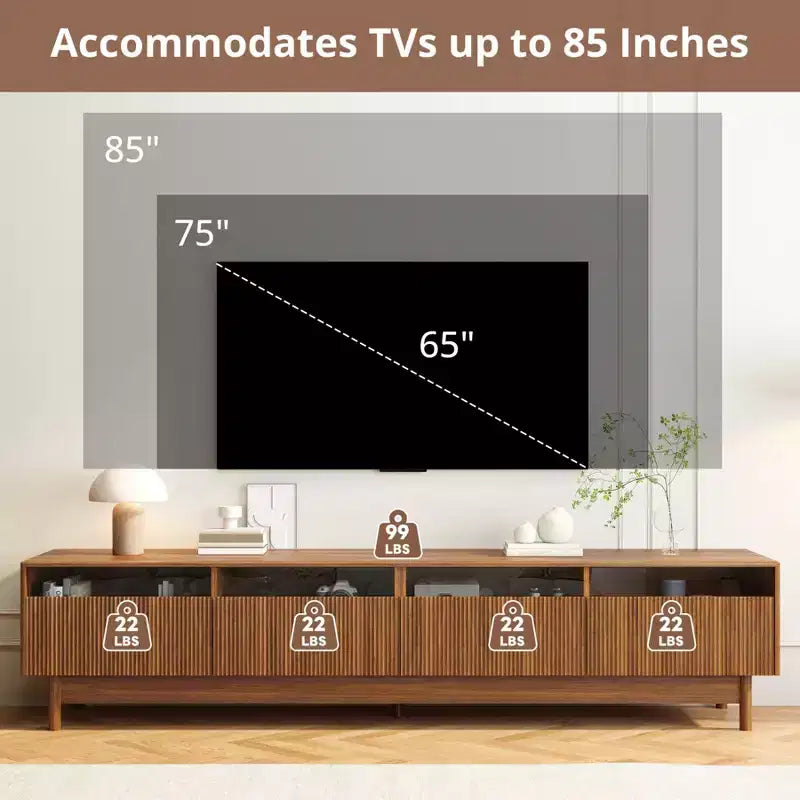 Meuble TV moderne pour téléviseurs jusqu'à 85 pouces, meuble de divertissement en bois avec 4 tiroirs, console média cannelée pour chambre à coucher, salon