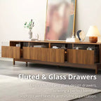 Meuble TV moderne pour téléviseurs jusqu'à 85 pouces, meuble de divertissement en bois avec 4 tiroirs, console média cannelée pour chambre à coucher, salon