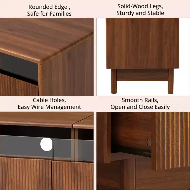 Meuble TV moderne pour téléviseurs jusqu'à 85 pouces, meuble de divertissement en bois avec 4 tiroirs, console média cannelée pour chambre à coucher, salon