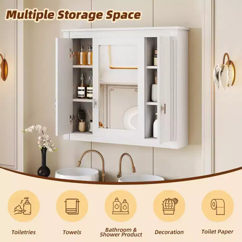 Armoire murale de salle de bain de 35 pouces, armoire à pharmacie murale avec miroir et étagères réglables, meuble de rangement de salle de bain au-dessus des toilettes