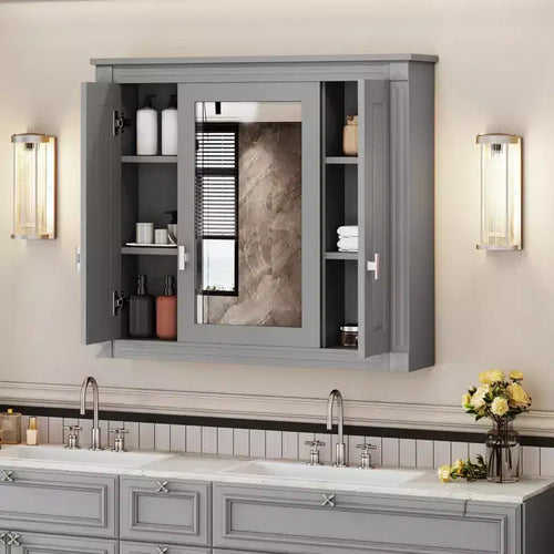 Armoire murale de salle de bain de 35 pouces, armoire à pharmacie murale avec miroir et étagères réglables, meuble de rangement de salle de bain au-dessus des toilettes