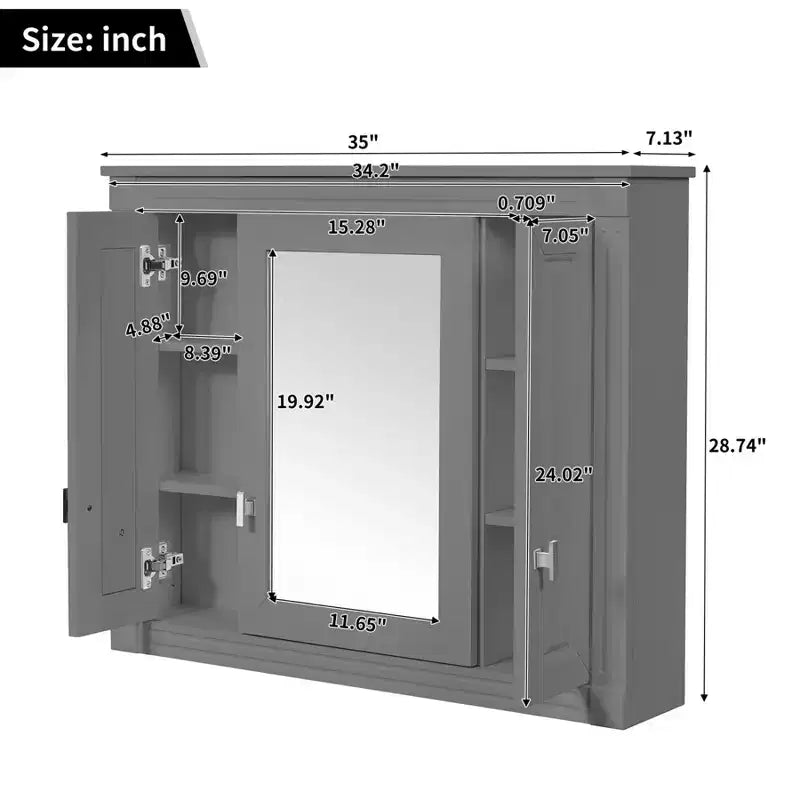 Armoire murale de salle de bain de 35 pouces, armoire à pharmacie murale avec miroir et étagères réglables, meuble de rangement de salle de bain au-dessus des toilettes