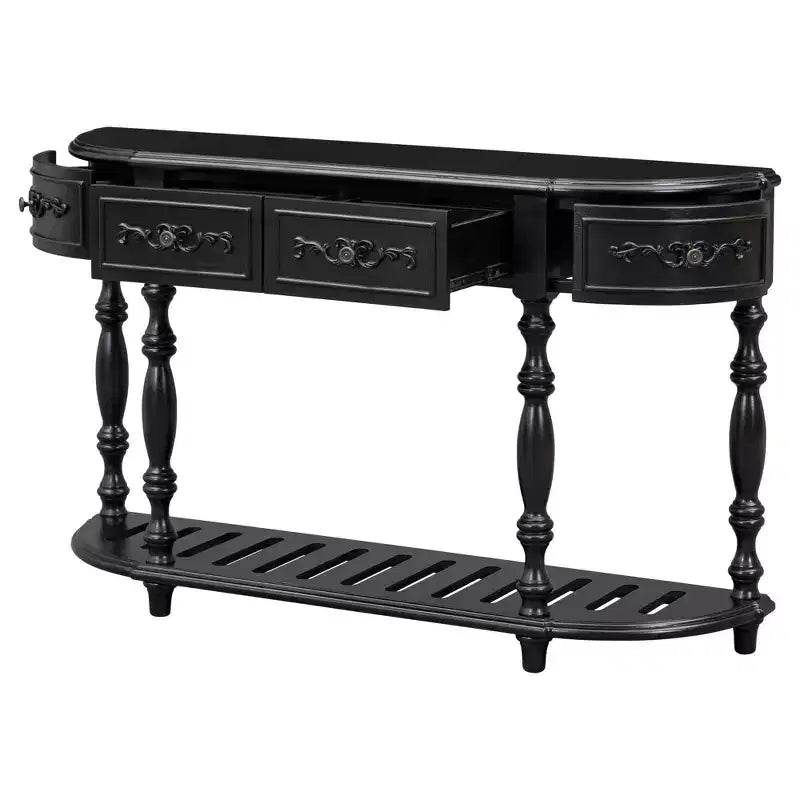 Table console incurvée classique de 52 po avec 4 tiroirs et étagère inférieure, table d'entrée en bois massif avec grand espace de rangement pour couloir, salon