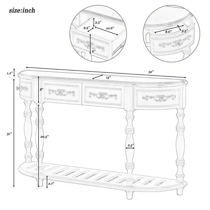 Table console incurvée classique de 52 po avec 4 tiroirs et étagère inférieure, table d'entrée en bois massif avec grand espace de rangement pour couloir, salon