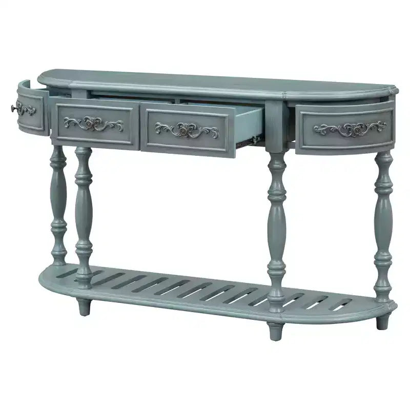 Table console incurvée classique de 52 po avec 4 tiroirs et étagère inférieure, table d'entrée en bois massif avec grand espace de rangement pour couloir, salon