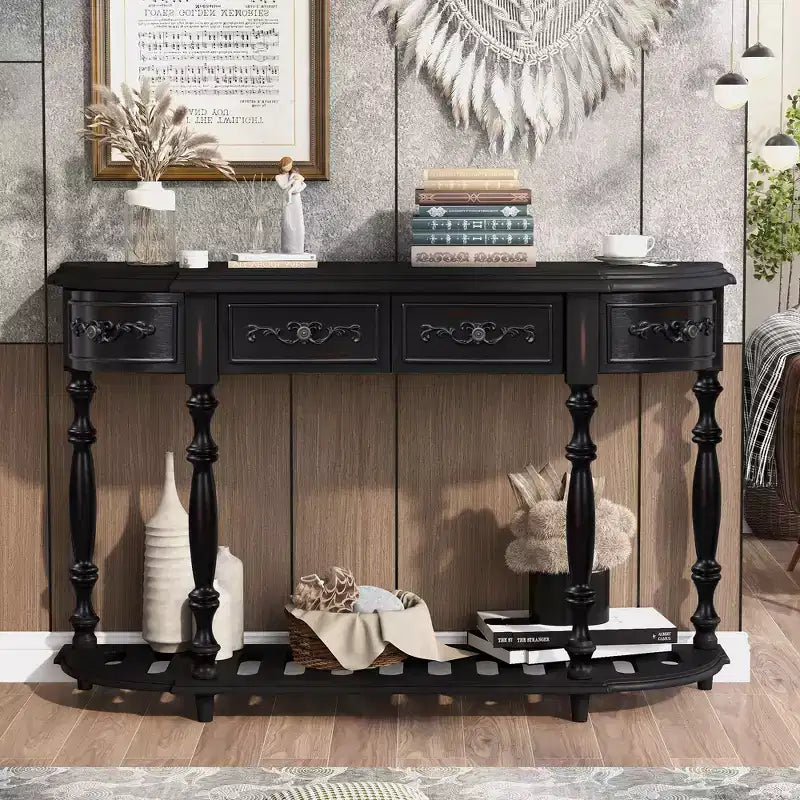 Table console incurvée classique de 52 po avec 4 tiroirs et étagère inférieure, table d'entrée en bois massif avec grand espace de rangement pour couloir, salon