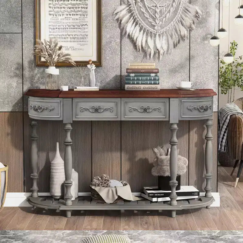 Table console incurvée classique de 52 po avec 4 tiroirs et étagère inférieure, table d'entrée en bois massif avec grand espace de rangement pour couloir, salon