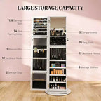 Miroir pleine longueur pivotant à 360° avec base rotative stable, miroir sur pied avec armoire à bijoux pour entrée, salon, chambre à coucher