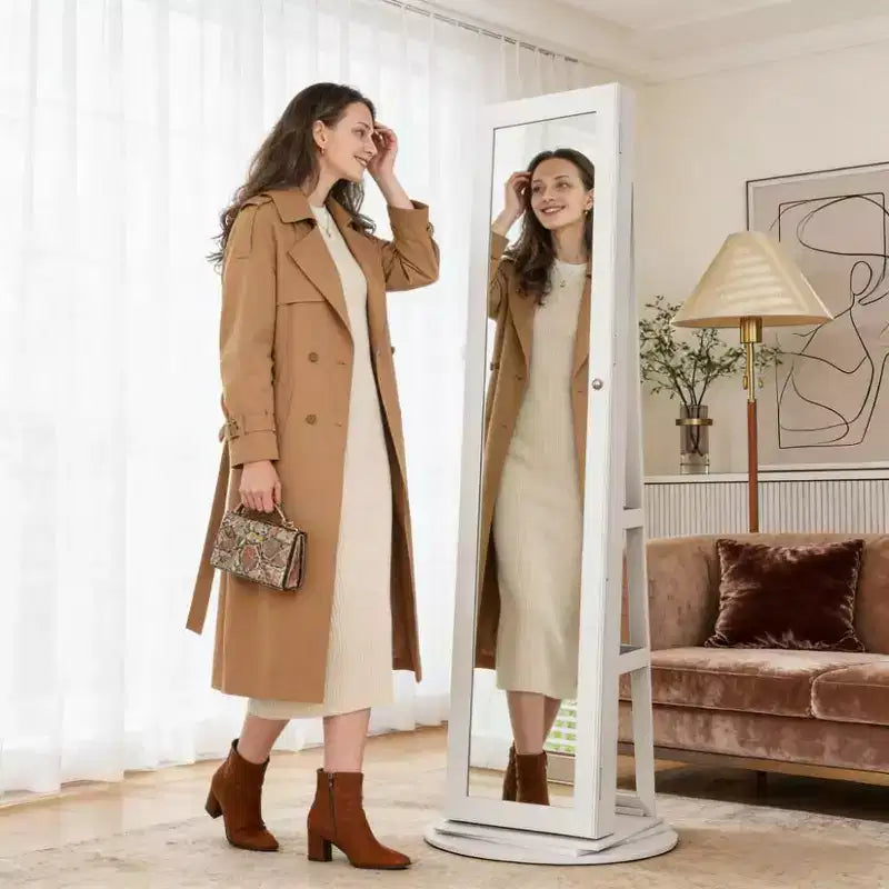 Miroir pleine longueur pivotant à 360° avec base rotative stable, miroir sur pied avec armoire à bijoux pour entrée, salon, chambre à coucher