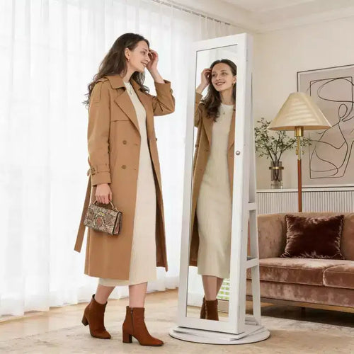 Miroir pleine longueur pivotant à 360° avec base rotative stable, miroir sur pied avec armoire à bijoux pour entrée, salon, chambre à coucher