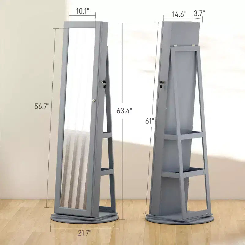 Miroir pleine longueur pivotant à 360° avec base rotative stable, miroir sur pied avec armoire à bijoux pour entrée, salon, chambre à coucher