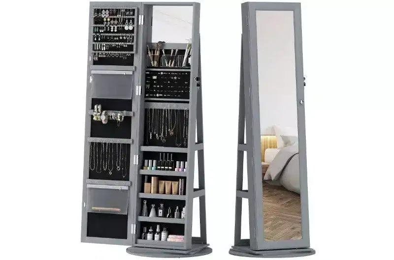 Miroir pleine longueur pivotant à 360° avec base rotative stable, miroir sur pied avec armoire à bijoux pour entrée, salon, chambre à coucher