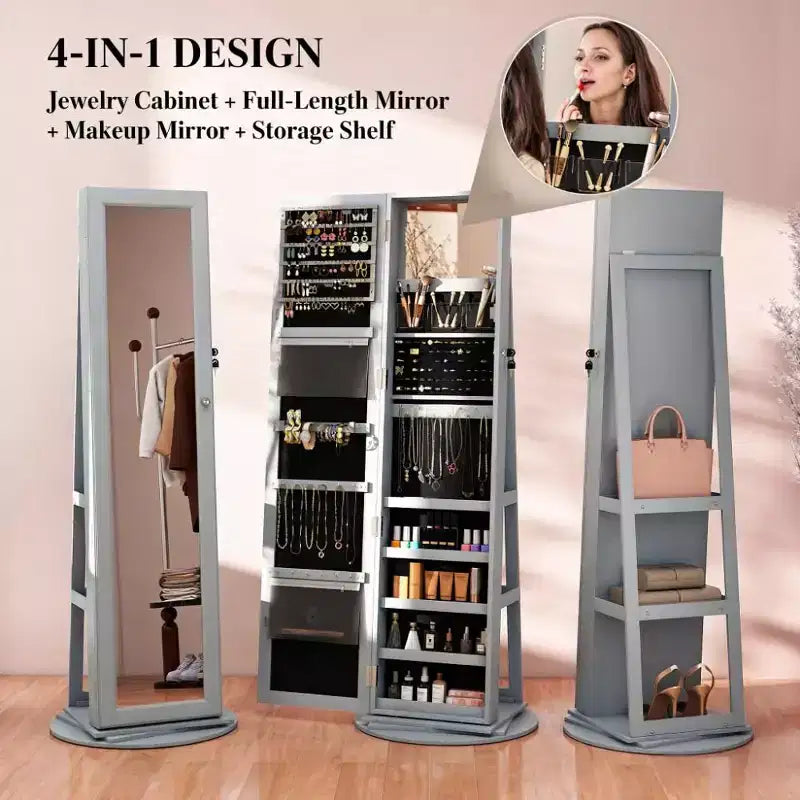 Miroir pleine longueur pivotant à 360° avec base rotative stable, miroir sur pied avec armoire à bijoux pour entrée, salon, chambre à coucher