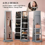 Miroir pleine longueur pivotant à 360° avec base rotative stable, miroir sur pied avec armoire à bijoux pour entrée, salon, chambre à coucher