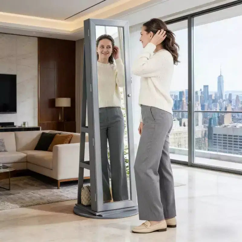Miroir pleine longueur pivotant à 360° avec base rotative stable, miroir sur pied avec armoire à bijoux pour entrée, salon, chambre à coucher