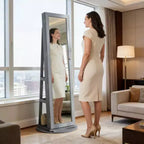 Miroir pleine longueur pivotant à 360° avec base rotative stable, miroir sur pied avec armoire à bijoux pour entrée, salon, chambre à coucher