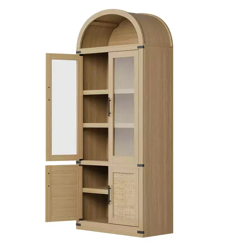 Grand meuble de rangement moderne à arche de 183 cm – Étagère à 6 niveaux avec 2 portes en verre et 2 portes en bois pour salon/cuisine/bureau