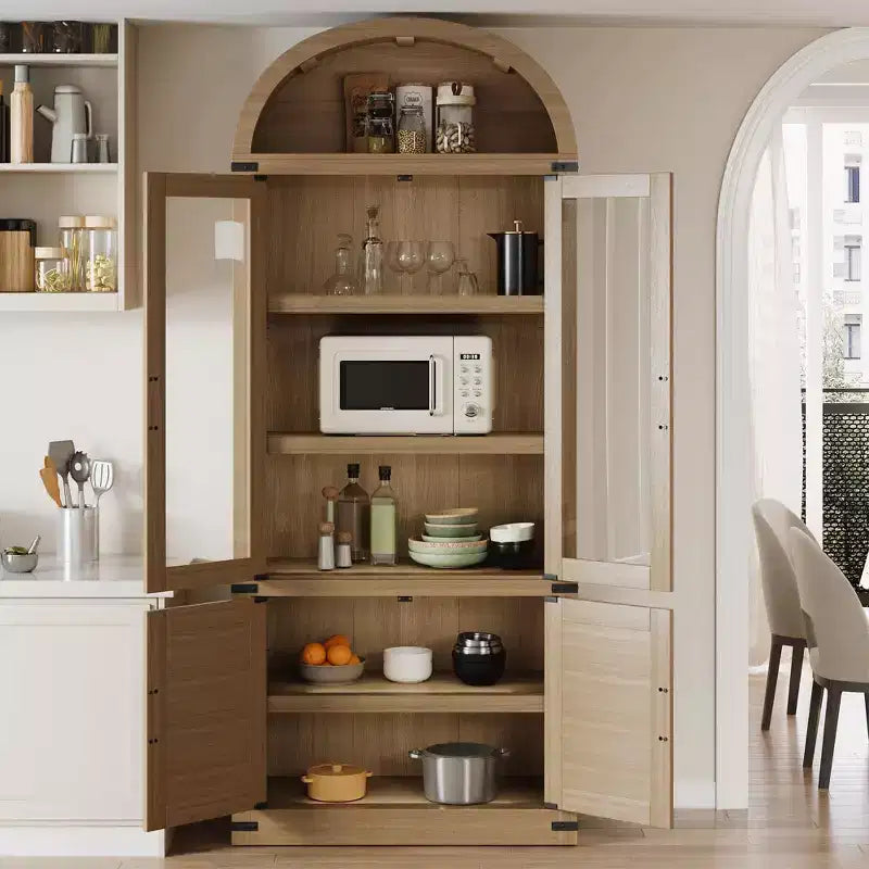 Grand meuble de rangement moderne à arche de 183 cm – Étagère à 6 niveaux avec 2 portes en verre et 2 portes en bois pour salon/cuisine/bureau