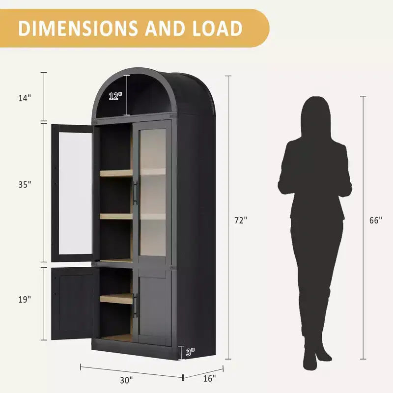 Grand meuble de rangement moderne à arche de 183 cm – Étagère à 6 niveaux avec 2 portes en verre et 2 portes en bois pour salon/cuisine/bureau
